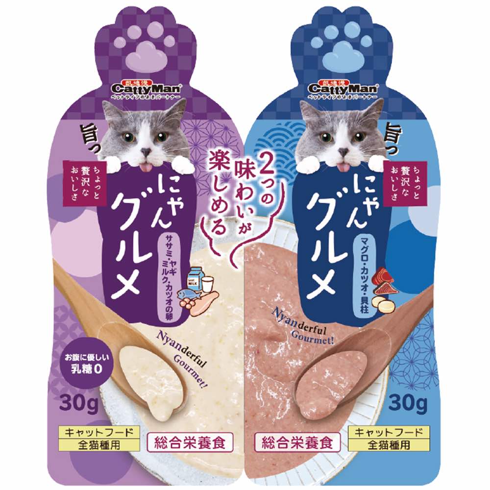 "CattyMan Complete Twin Pouch (Tuna, Bonito & Scallop + Chicken, Goat Milk & Fish Roe) Cat Treats 60g"